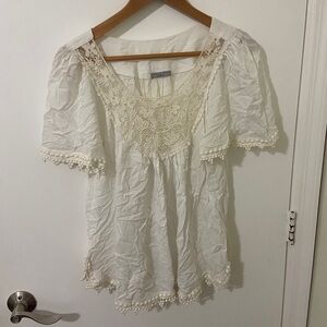 Calypso St Barth | Elegant White Lace Trim Blouse Top Short Sleeves | Small